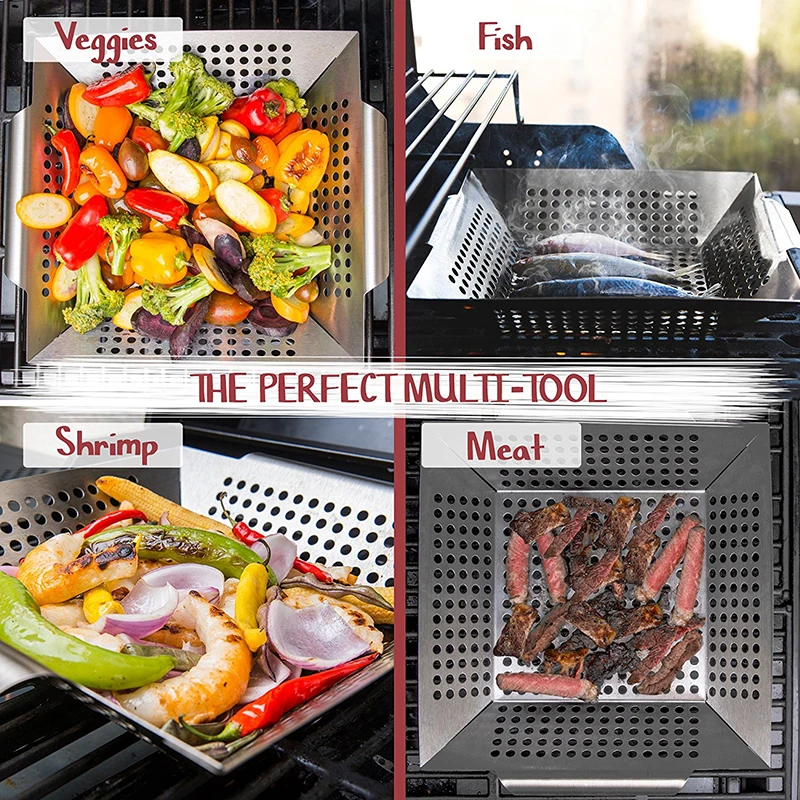 Grade Stainless Steel Vegetable Grill Basket Large Non Stick BBQ Grid Pan For Veggies Meat Fish Shrimp Fruit BBQ Accessories (5)