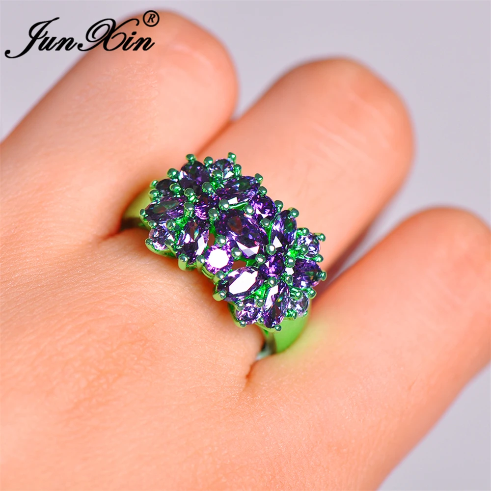 

JUNXIN Brand Female Purple Ring High Quality Fashion Green Gold Filled Jewelry Vintage Wedding Rings For Women Unique Ring