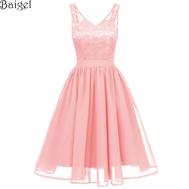 Women Sexy V-Neck Floral Lace Chiffon Dresses Summer 2018 Backless Pink Burgundy Black 50s 60s Rockabilly Vintage Party Dress (7)