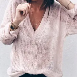 Для женщин пикантные однотонные Цвет глубокий v-образным вырезом вязаный свитер осень-зима с длинным рукавом тонкий свитер