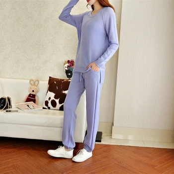 

Women Sweater Solid None And Pullovers Time-limited Full O-neck Sweater 2019 New Spring 100% Cashmere Loose + Pants Suit
