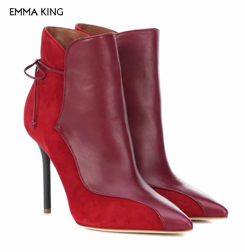

Botines Mujer 2018 Black Suede Smooth Tonal Leather Panel Ankle Boots Stiletto Heel Pair Streamlines To Slick Pointed Toe shoes