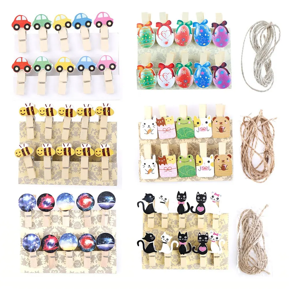 10pcs Mini Cat Car Bee Egg Wooden Clips With Hemp Rope Mini Nice Food Clip Kawaii Wood Photo Paper Clip Party Decoration