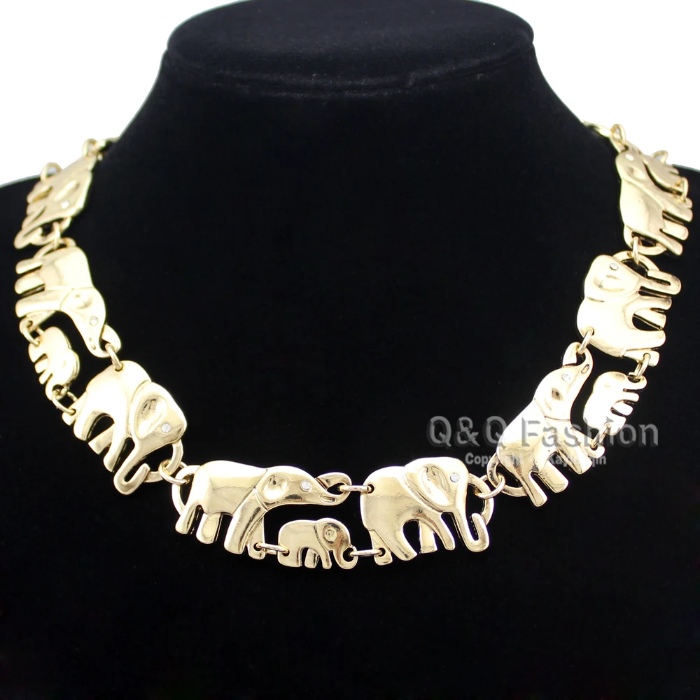 

Gold Silver African Elephant & Baby Link Hindu Ganesh Chain Collar Statement Necklace Necklace Jewelry