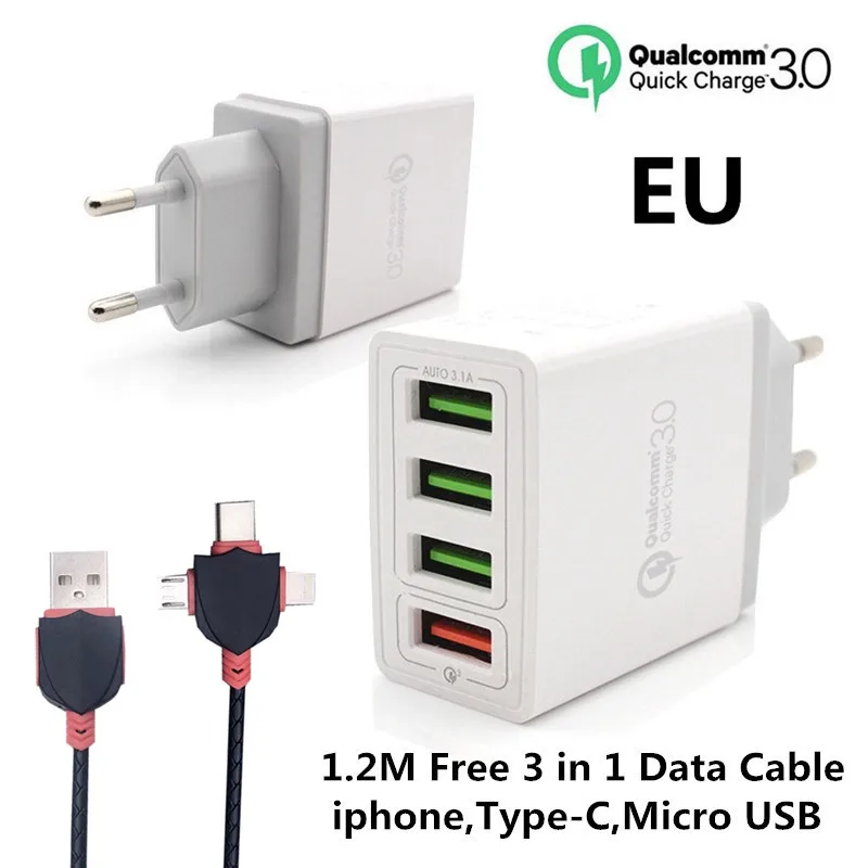 4 порта для телефонов, быстрое зарядное устройство QC 3,0, 4 USB кабеля, штепсельная вилка стандарта ЕС/США, максимальное быстрое зарядное устройство s, зарядка для iphone XR XS Plus, samsung, huawei, Apple - Тип штекера: EU  3in1 Cable White