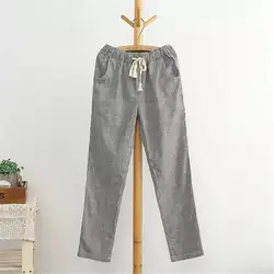 Хлопковые льняные женские повседневные брюки 2019 Модные свободные длинные брюки с эластичной талией прямые Полосатые брюки Pantalon