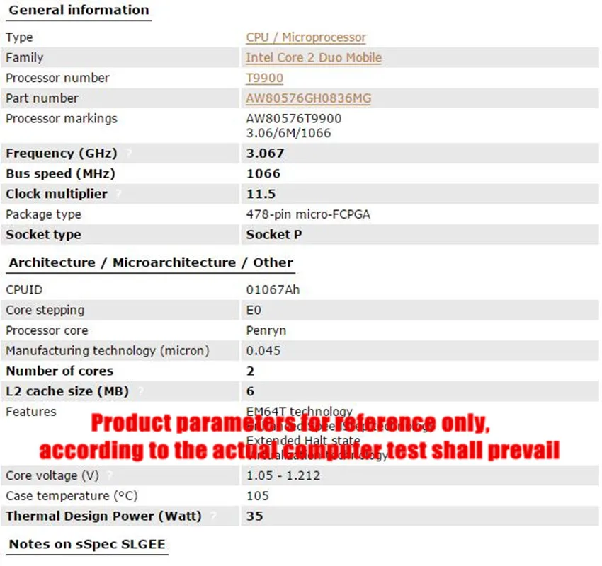 Intel Core 2 Duo T9900 cpu 6M cache/3,06 GHz/1066/двухъядерный процессор Socket P SLGEE cpu Рабочая