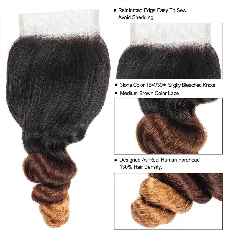Ombre волнистые пряди с закрытием 1B/4/30 светильник коричневые Funmi Remy бразильские