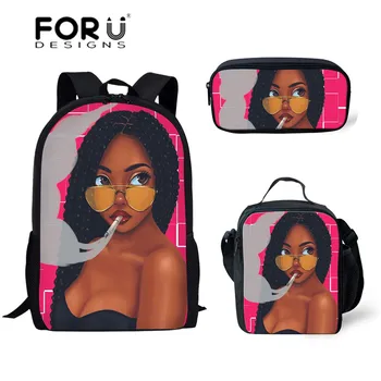 

FORUDESIGNS Black Afro Lady Girl Printing School Bags for Kids 3pcs Primary School Bag Set Children African School Backpack 2019