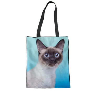 

THIKIN Siamese Cat Printing Women Tote Bag Reusable Sac Shopping Girls Books Trip Bag Animal Handbag Folding Grocery Bag Custom