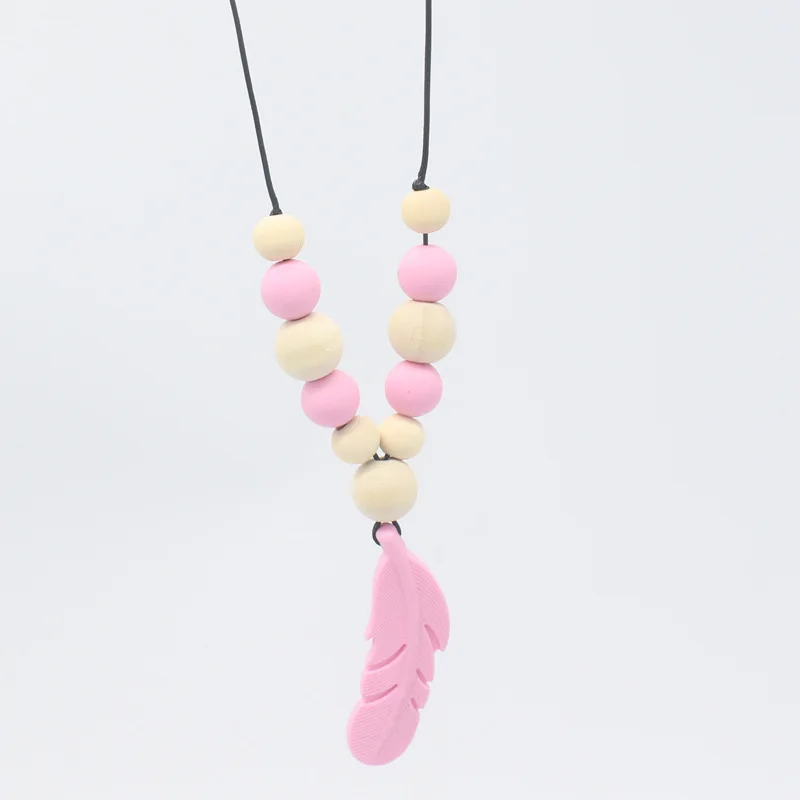 Lovely Baby Silicone Teether Feather Pendant Beads Teething Infant Necklace Chain Chewing Toy