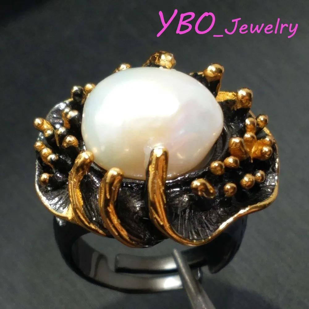 YBO, Big supper ring natural irregular pearl ring in 925 sterling silver with gold plated beautiful hand made hypebole big ring