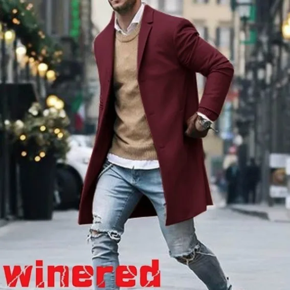 Новое поступление, Зимние Модные Мужские приталенные кардиганы с длинным рукавом, пальто, куртка, костюм, однотонные мужские длинные шерстяные пальто - Цвет: wine red