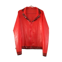 Латексный резиновый женский с длинными рукавами топ с отворотом красный и черный полосатый с молнией Размер XXS-XXL