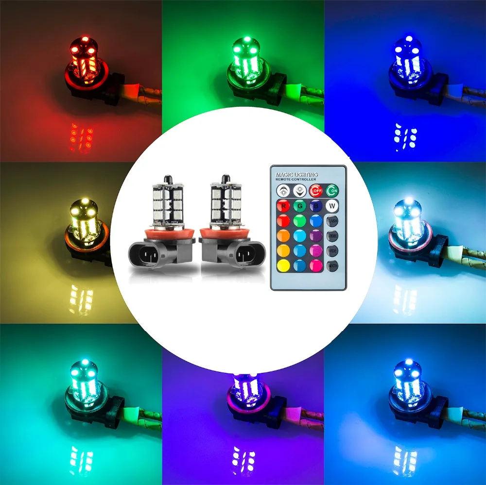 

YIJINSHENG 2PCS 27SMD multi-color RGB 5050 H11/H8 HB3 HB4 9006 9005 H4 H7 LED Replacement fog lights reversing light with remote