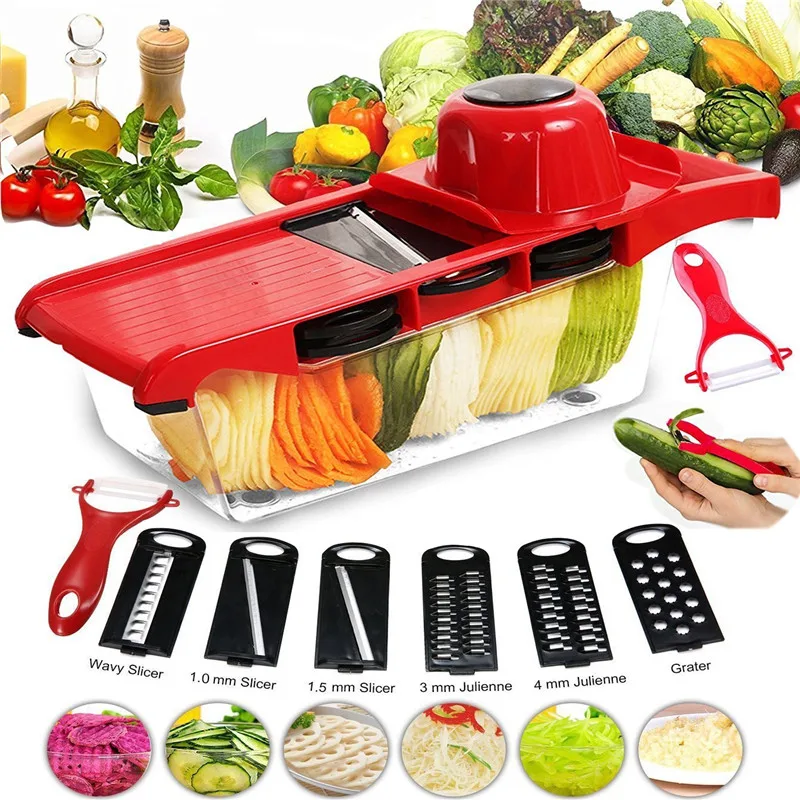 

Slicer Vegetable Cutter Grater Chopper Julienne Slicer-6 Interchangeable Blades with Peeler,Hand Protector