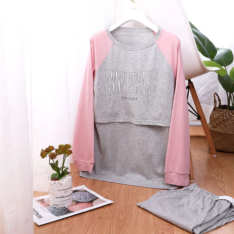 YATEMAO Long Sleeve Maternity Pyjama Nursing Clothes Maternity Pregancy Sleepwear Breastfeeding Clothing - Цвет: gray set