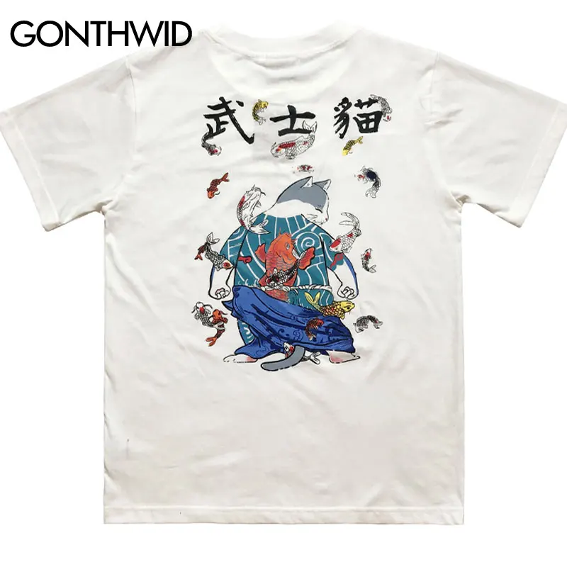 

GONTHWID Harajuku Chinese Character Samurai Cat Fish Carp Print Tshirts Japanese Ukiyo-E Casual Tees Shirts Hip Hop Streetwear