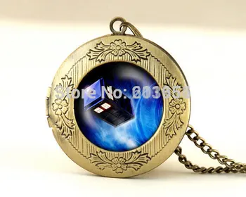 

fashion jewelry movie 12pcs/lot womens Doctor Who tardis Dr who Police Box in Space necklace Glass Locket bronze holder mens hot