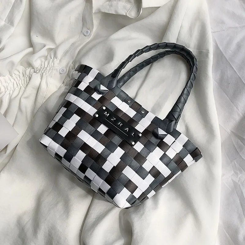 

High quality designer brand large capacoty basket bag weave vintage bucket handbags rainbow fashion new pvc 2019 korean style