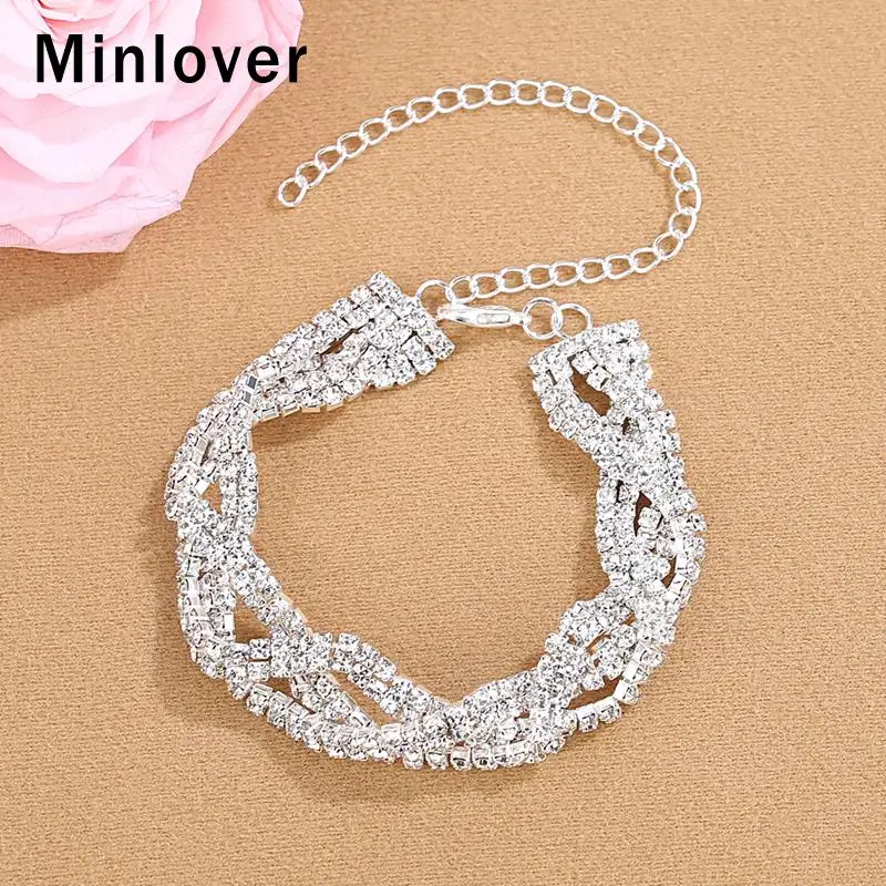 

Minlover Silver Color Adjustable Rhinestone Link Chain Bracelets for Women Femme Charm Bracelets Bangles Wedding Jewelry MSL419
