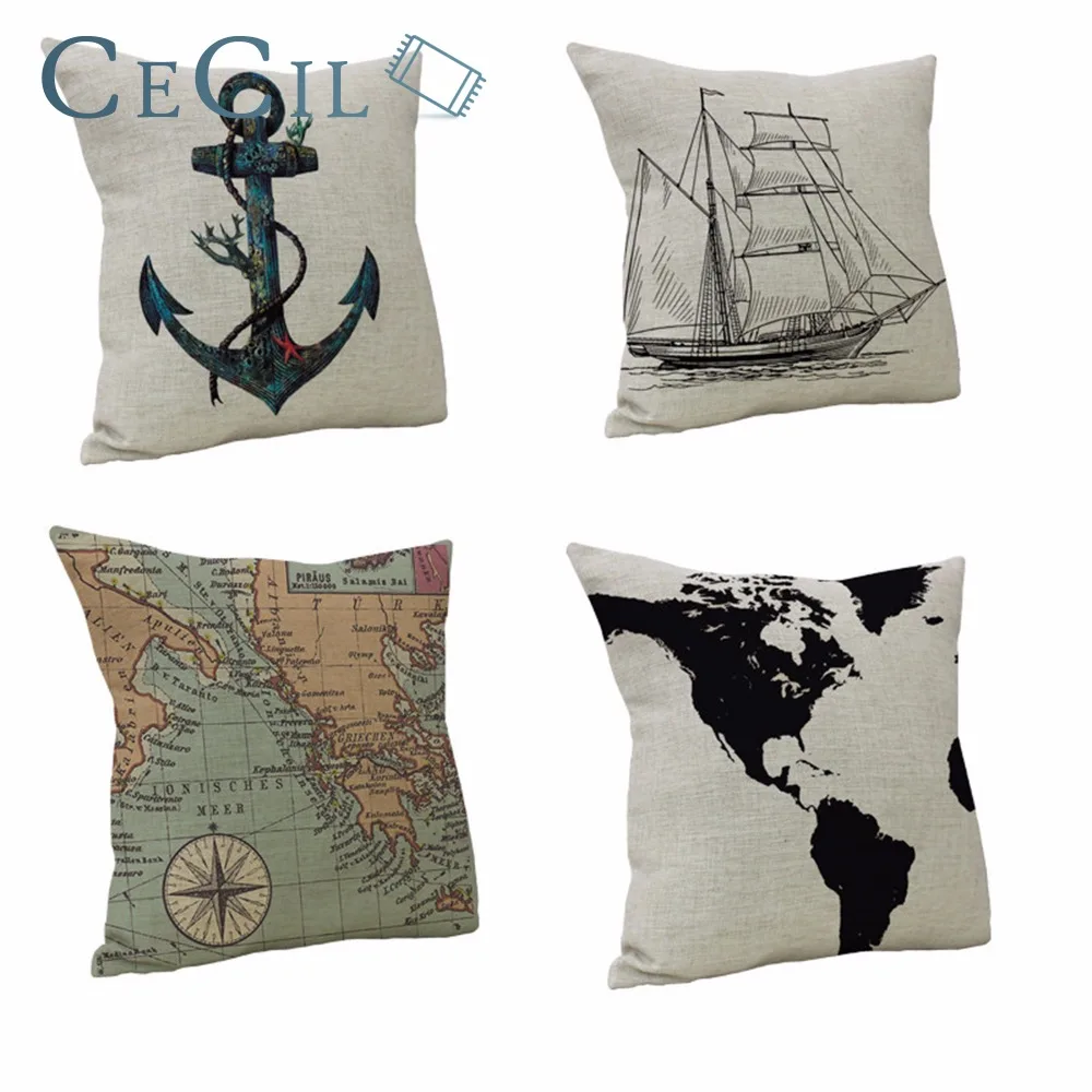 

Nautical Series Cushion Cover Ships Flower Shape Map Compass Boat Decorative Office Home Sofa Bedroom Decorative Throw Pillowcas