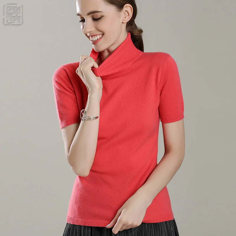 Женский вязаный пуловер с воротником-хомутом и коротким рукавом из натурального кашемира, брендовый женский джемпер - Цвет: Watermelon