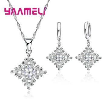 

Women 925 Sterling Silver Jewelry Sets For Wedding Accessory Fashion Square Shape Cubic Zircona Earrings Set Statement Necklaces