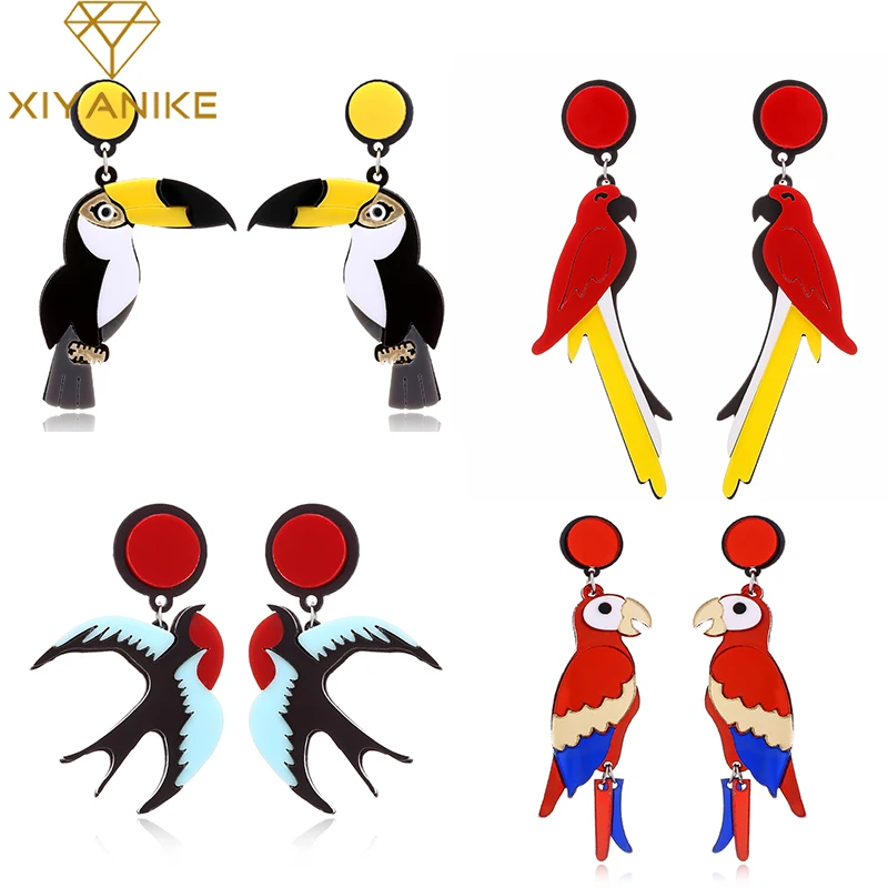 

XIYANIKE Acrylic Parrots Drop Earrings For Women Night Club Exaggerated Colorful Feather Birds Pattern Long Statement Jewelry