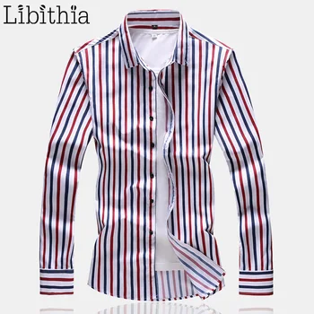 

Mens Casual Striped Dress Shirts Autumn Print Long Sleeve Big Size M-7XL Social Masculina Shirt Clothes Male Blue Red T176