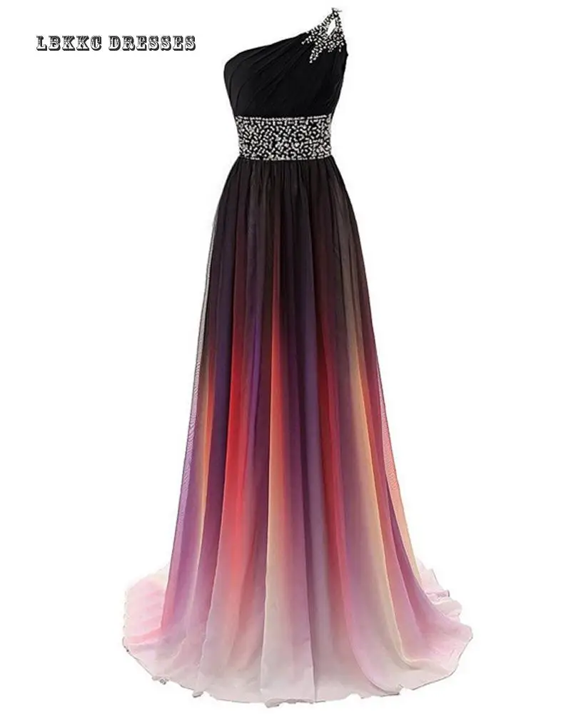 

One Shoulder Chiffon Prom Dresses Long Beaded Sequin Lace-up Evening Gown Vestido De Festa Junior High Graduation Dresses 2019
