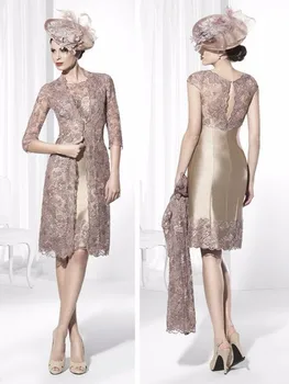 

Popular Mother Of The Bride Dresses Sheath High Collar Champagne Lace Short Brides