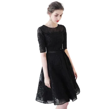 

Holievery Tulle Ball Gown Cocktail Dresses with Half Sleeves 2020 Lace Appliques Knee Length Party Dress Black Navy Champagne
