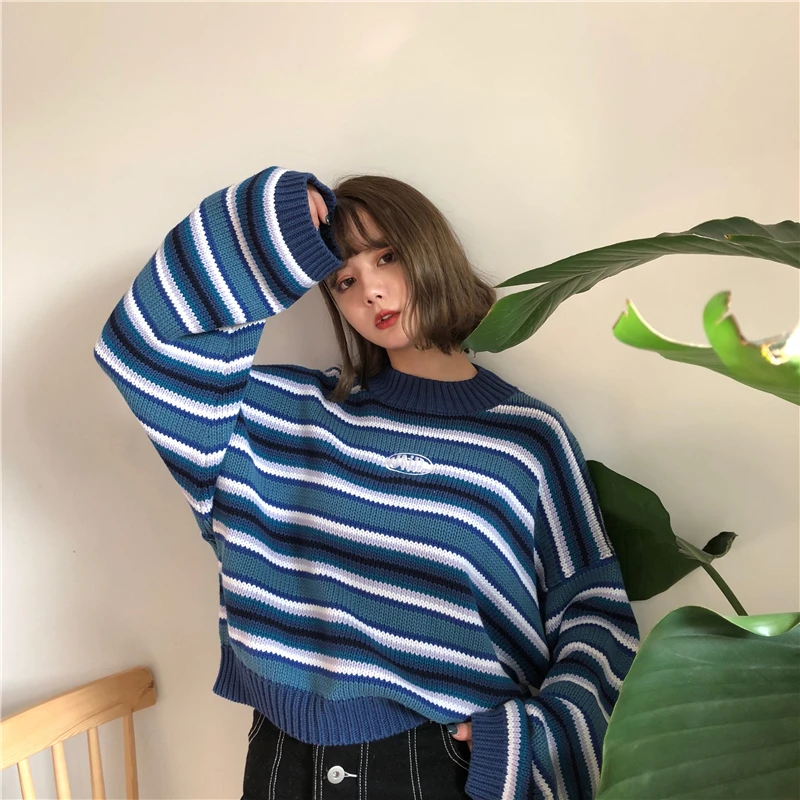 Ceny Swetry damskie Lady śliczne Kawaii College Style luźny sweter w paski kobieta Vintage Harajuku Ulzzang Jumper dla kobiet Casual