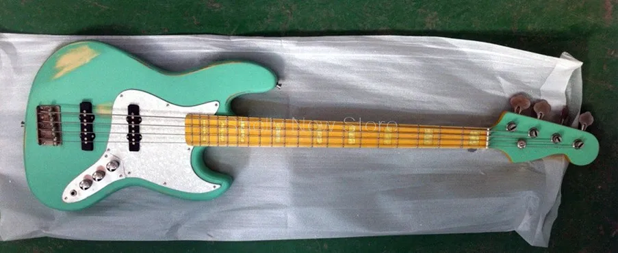 

Shelly new store factory custom 5 strings green old used vintage relic faded 4 strings yellow neck Jazz electric bass guitar