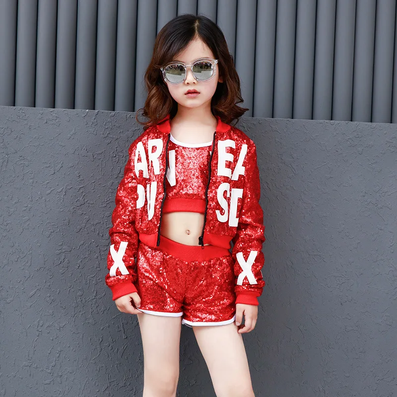 Дети девочка или мальчик красный флэш-блестки пайетки хип-хоп костюм детский бальный Джаз танцевальный костюм пальто жилет брюки одежда