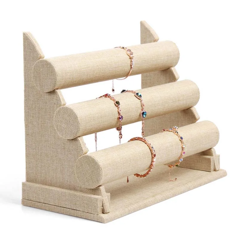 

Yellow Burlap 3 Tier Bracelet Watch Stand Holder Linen Jewelry Showcase Display Storage Necklace Bangle Organizer