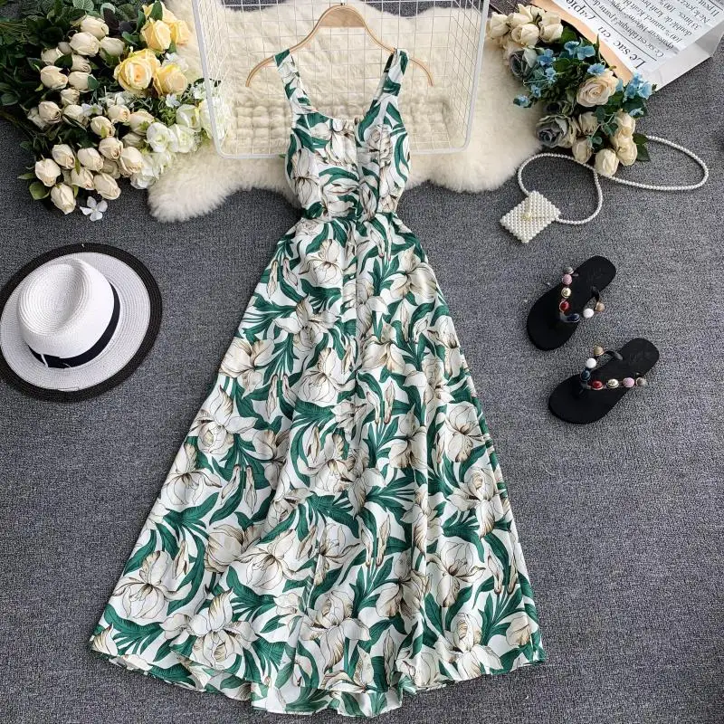 

Seaside Single-row Bohemian Casual Dress Beach Women Sleeveless Print A-line Elegant Vestidos De Fiesta F786