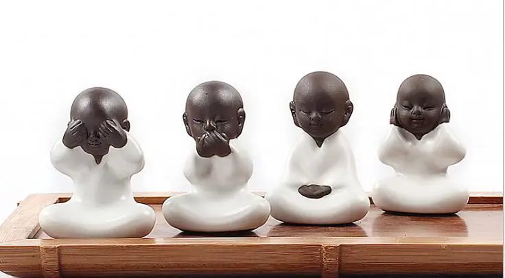 4pcs Creative violet arenaceous kung fu young monk handicraft furnishing articles Your porcelain four don't ceramic tea pet |