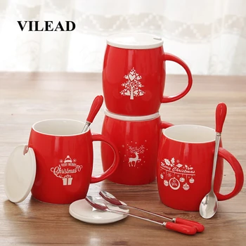 

VILEAD 400ml Ceramic Constellation Christmas Milk Mug With Lid Spoon Red Carving Wine Barrel Big Belly Water Cup Coffee Office