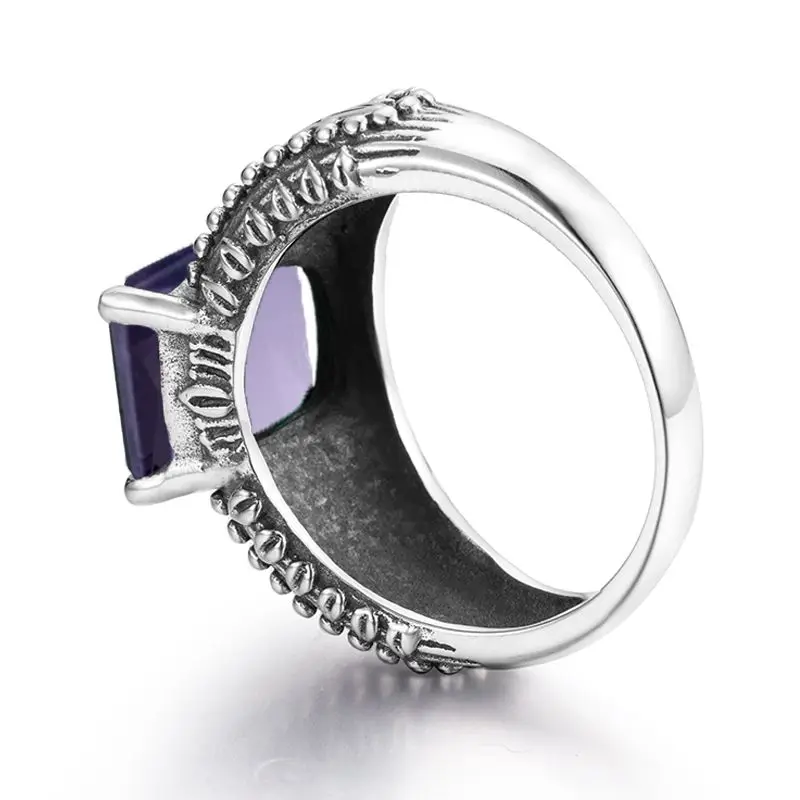 SzjinAo Wholesale Handmade Solid 925 Sterling Silver Finger Rings For Women Vintaga Square Amethyst Ring February Birthstone