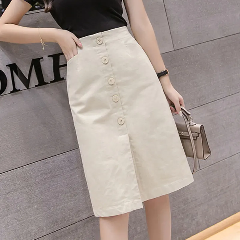 Summer Autumn Skirts Womens Cotton Midi Knee Length Korean Elegant ...