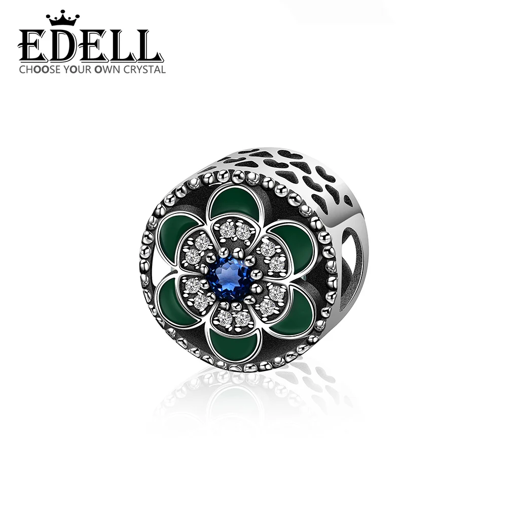 

EDELL 100% 925 Sterling Silver Elegant Glitter Dazzling Inlaid Zircon Geometric Leaves Flowers Beaded Charm Original Jewelry