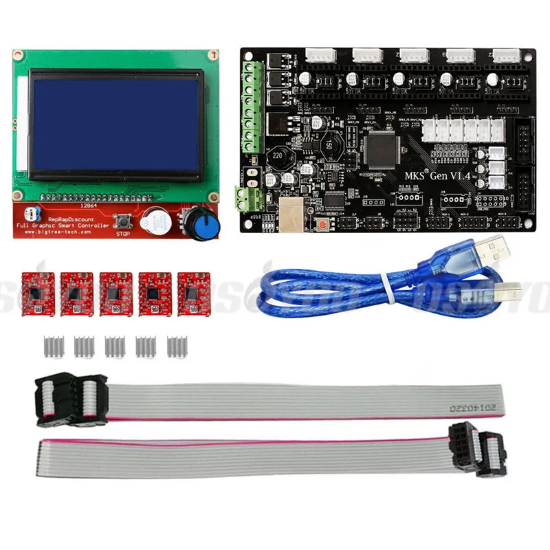 MKS Gen V1.4 3D Printer Kit Control Board MEGA2560 Motherboard + RAMPS 1.4 With USB Cable+ 12864 LCD+ 5PCS A4988 Stepper Motor