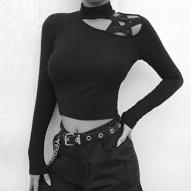 

Harajuku t shirt gothic pentagram shoulder hollow out turtleneck long sleeve t-shirt women slim cotton 2019 new spring tshirt
