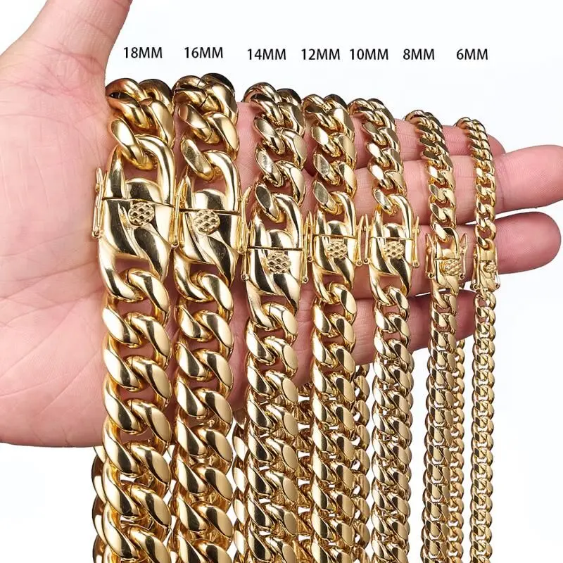 

6/8/10/12/14/16/18MM Hip Hop Men Women Gold Tone Metal Heavy Miami Curb Cuban Chain Stainless Steel Necklace & Bracelet 7''-40''