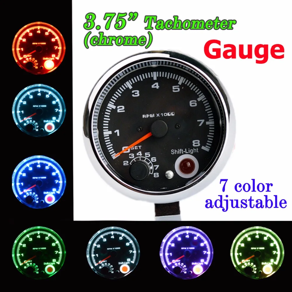 

DRAGON GAUGE 3.75 Inch Tachometer Chrome for 7 LED Colors Adjustable 12V Car Gauge 3 3/4" Meter 0-8000 RPM TAC Shift-Light