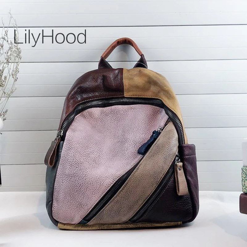 

Patchwork Genuine Leather Backpack Female Vintage Natural Leather Daily Daypack 2019 Women Feminine High Quality Casual Knapsack