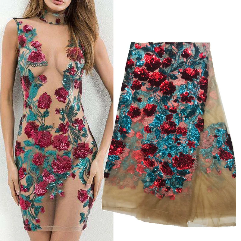 

2019 High Quality Flower Floral Lace African Fabric sequin Chiffon Tulle Organza Fabrics Sewing Cloth for Party Wedding Dress