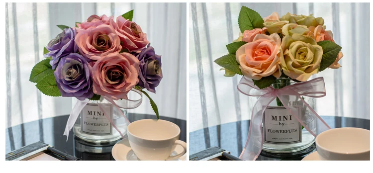 Креативная стеклянная ваза+ искусственный цветок, набор, Декор для дома, украшение, ремесла, свадебный подарок для гостиной, Шелковый Искусственный цветок, горшок